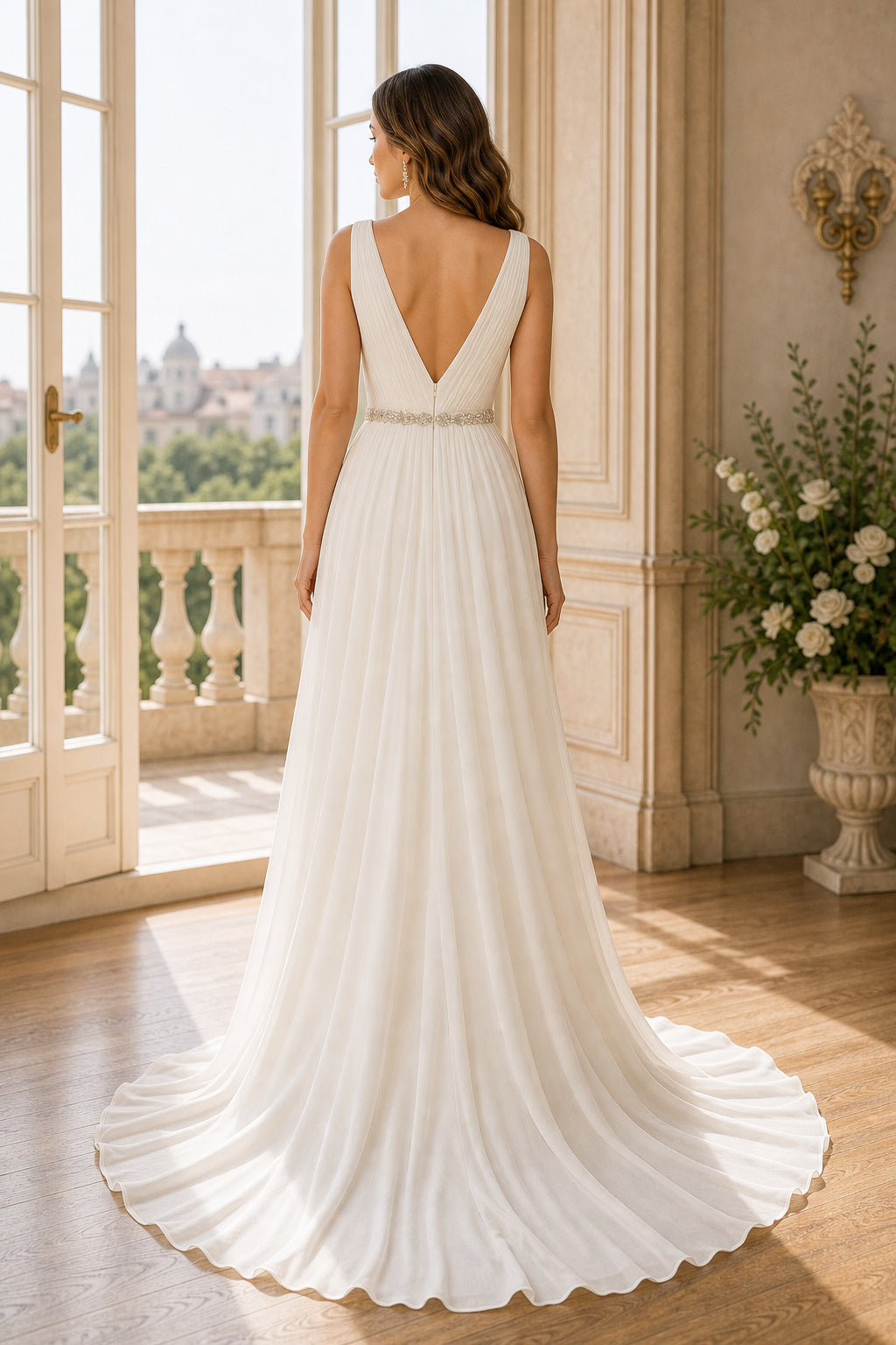 White Square Sheath Chiffon Floor-length Wedding Dress With Open Back and Lace Bodice and Open Back