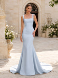 Sky Blue Square Neck Sleeveless Satin Mermaid Bridal Gown front view