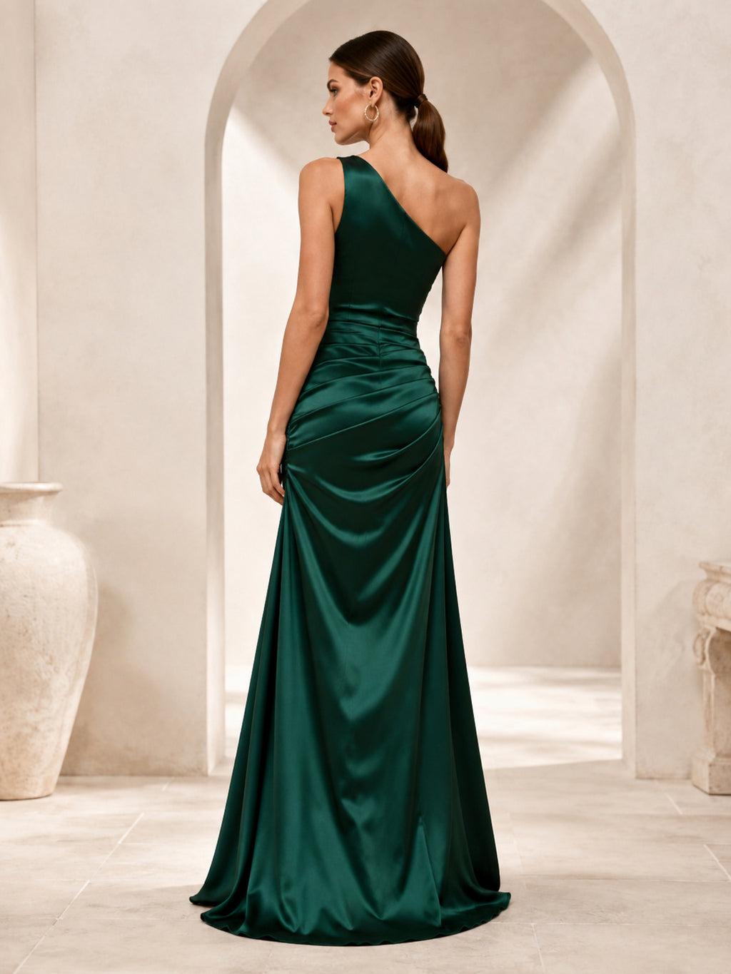 Dark Green One Shoulder Ruched Satin Slit Gown back view