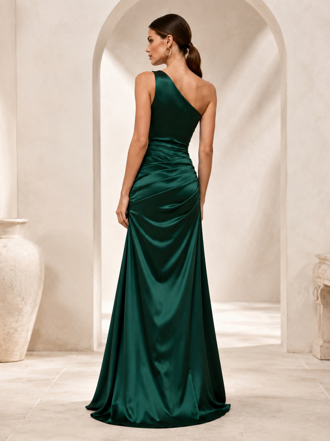 Dark Green One Shoulder Ruched Satin Slit Gown back view