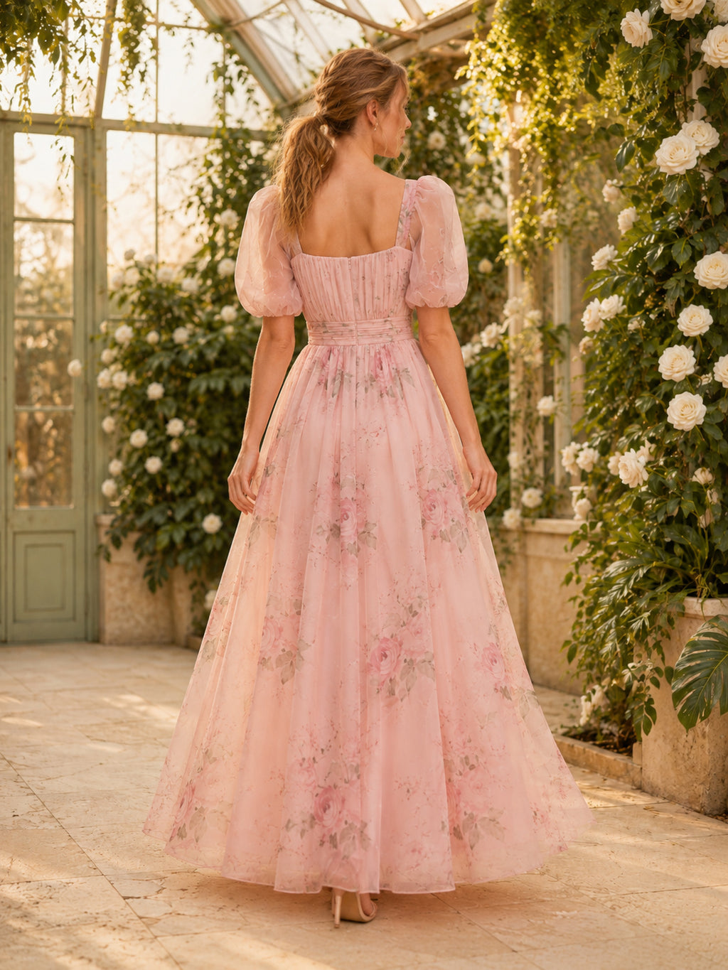 Blush Greenhouse Wedding Guest Dress A-Line Chiffon Tulle Square Neck Short Sleeve Ankle-Length Floral back view