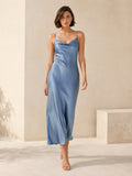 Dusty Blue Satin Cowl Neck Spaghetti Strap Midi Dress front view