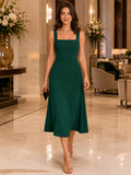 Emerald square neck satin midi A-line guest dress front view