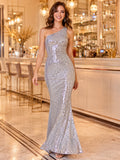 Silver One Shoulder Sequin Mermaid New Party Gown front view