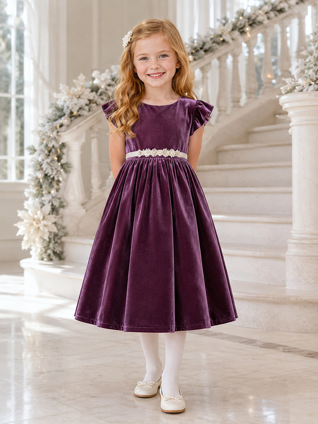 A-Line Lavender Velvet Satin Flower Girl Dress with Short Sleeve Jewel Neckline Tea-length and A Satin Sash And Bow Accent fr