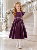 A-Line Lavender Velvet Satin Flower Girl Dress with Short Sleeve Jewel Neckline Tea-length and A Satin Sash And Bow Accent fr