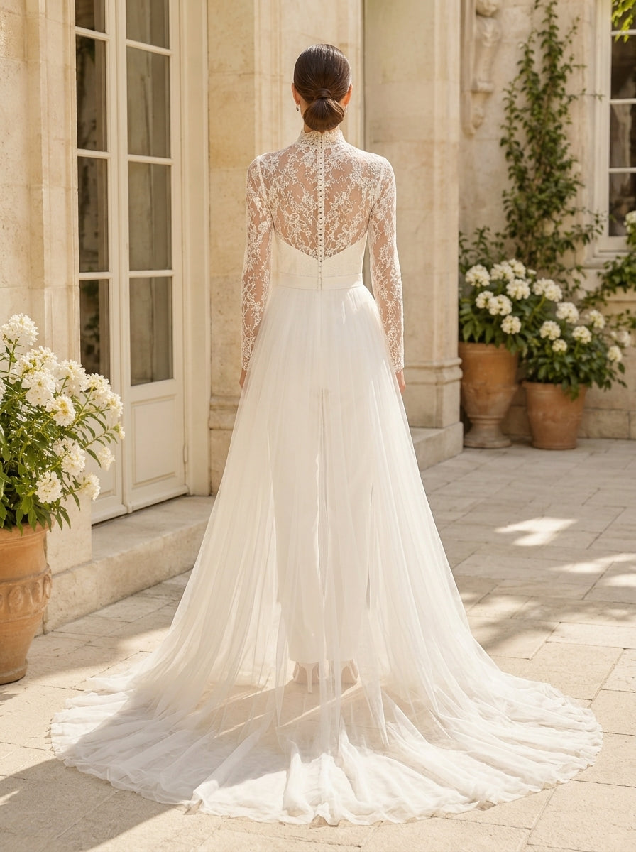 White Long Sleeve Lace Bridal Jumpsuit with Tulle Train back view