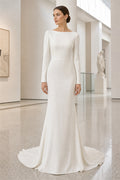 White Square A-Line Satin Floor-length Wedding Dress With Front Slit and Beaded Waist and Open Back