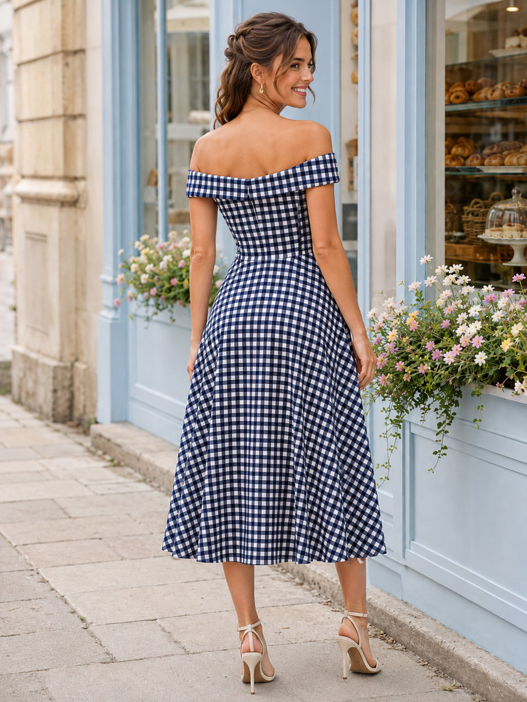Vintage Navy Gingham Off Shoulder Short Sleeve A-Line Tea Length Cocktail Dress back view