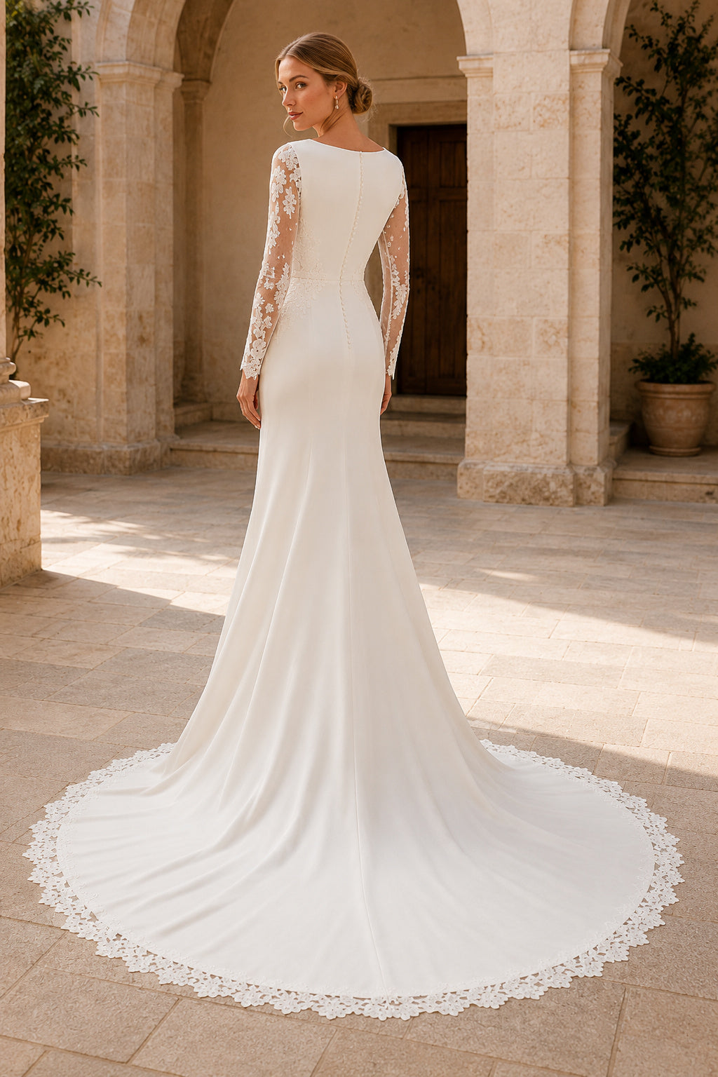 Bateau Long Sleeve Sheath Wedding Dress with Lace Sleeves and Round Sweep Train for Beach Garden Ceremony back view