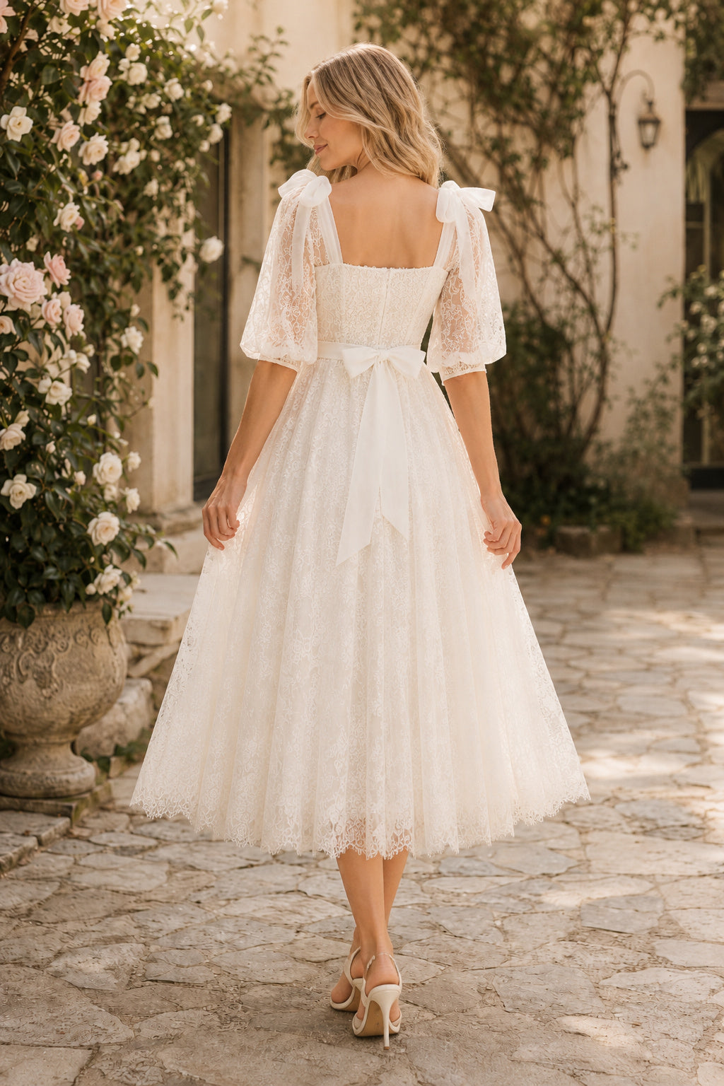 Ivory Square Neck Puff Sleeve Lace Tulle Tea-Length Wedding Dress with Puff Sleeves and Bow Back back view