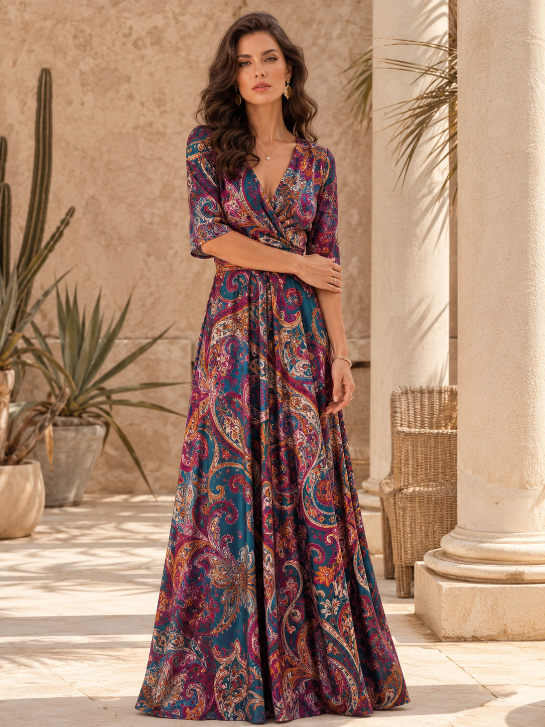 Dark Psychedelic Wrap V-Neck Long Sleeve Maxi Occasion Dress front view