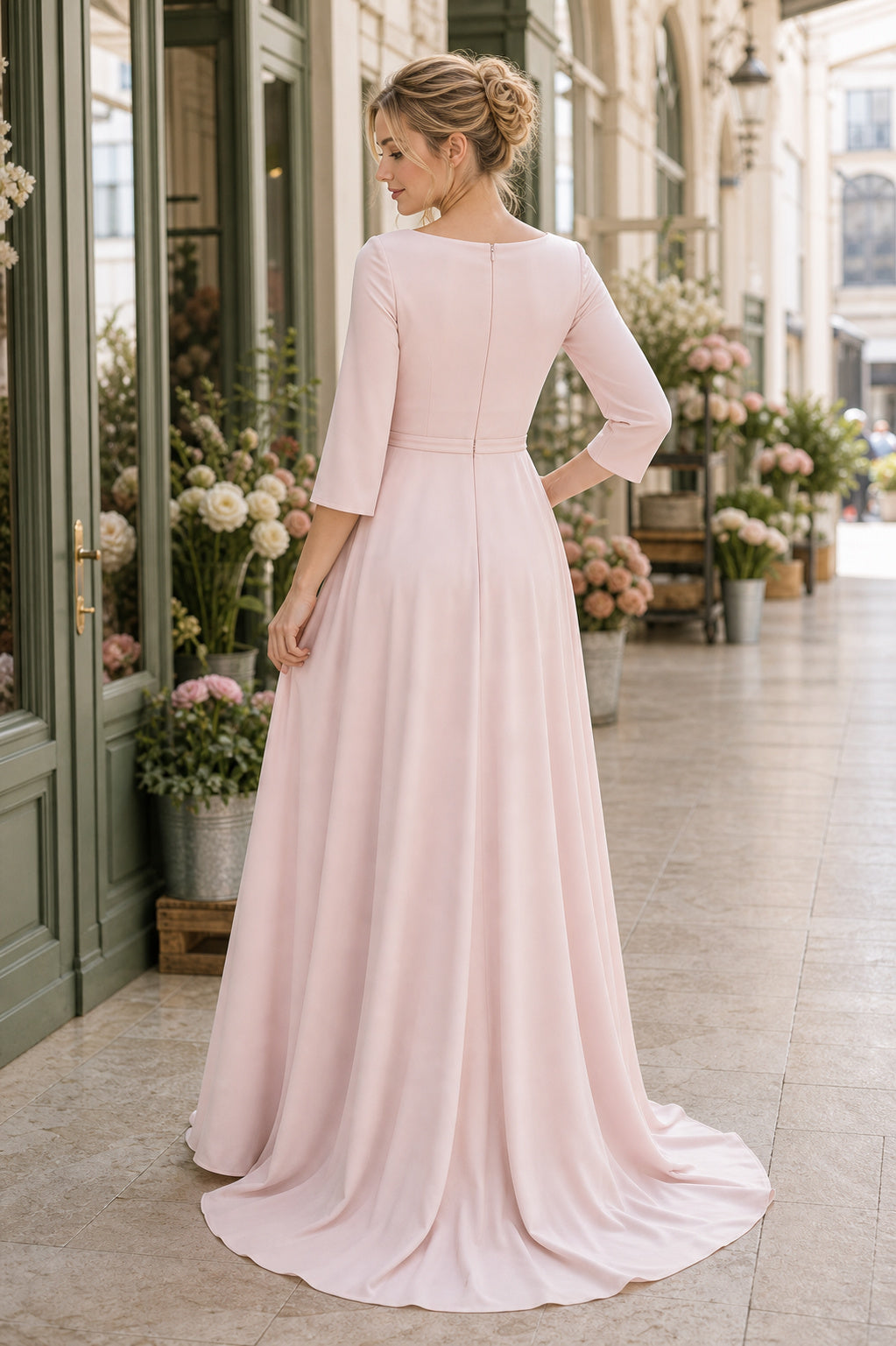 Blush Bateau Three-Quarter Sleeves A-Line Satin Floor-length Formal Dress With Pleats