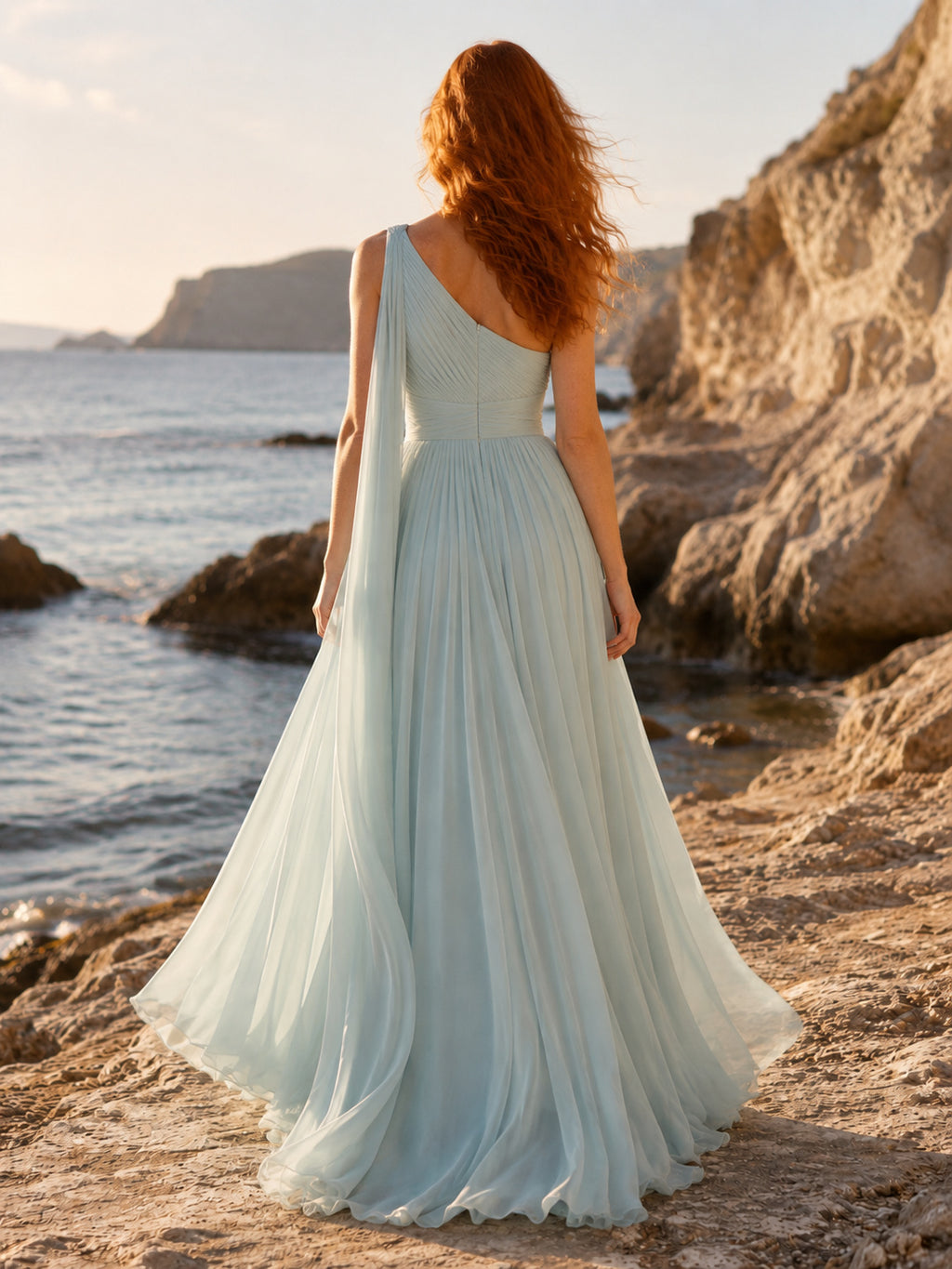 Mist Green Chiffon One Shoulder Pleated A Line Beach Wedding Gown back view