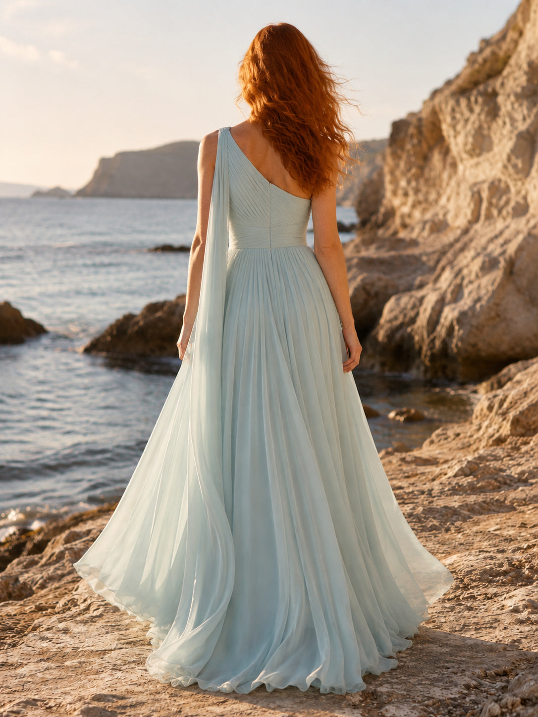 Mist Green Chiffon One Shoulder Pleated A Line Beach Wedding Gown back view