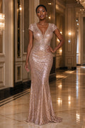 Rose Gold V-neck Sleeveless Sequined Sheath Floor-Length Dress With Front Slit