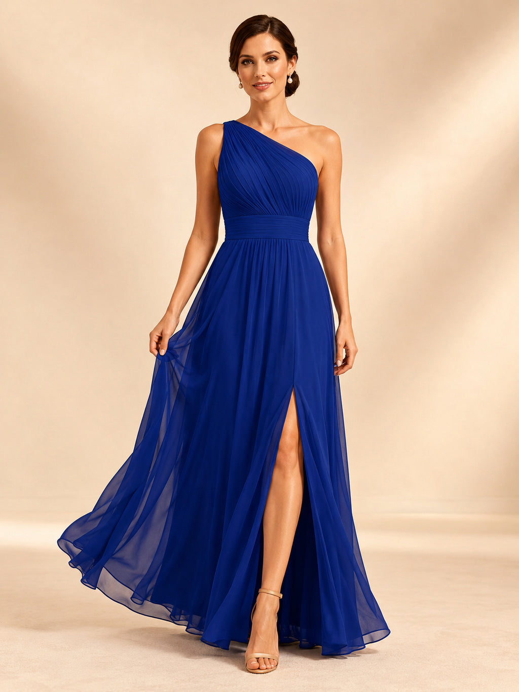Royal Blue Chiffon One Shoulder Slit A-Line Evening Gown front view