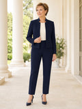 Petite Dark Navy Modest Mother Pantsuit Ivory Jewel Neck Long Sleeve Cropped Jacket Tapered Ankle Formal Set front view