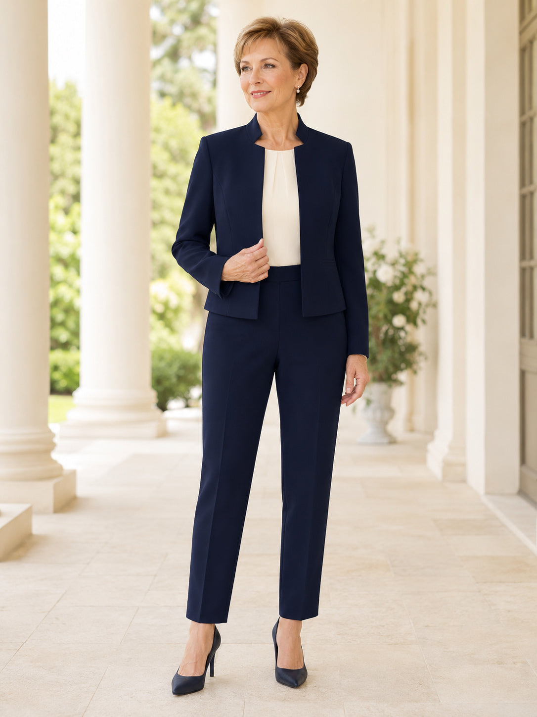 Petite Dark Navy Modest Mother Pantsuit Ivory Jewel Neck Long Sleeve Cropped Jacket Tapered Ankle Formal Set front view