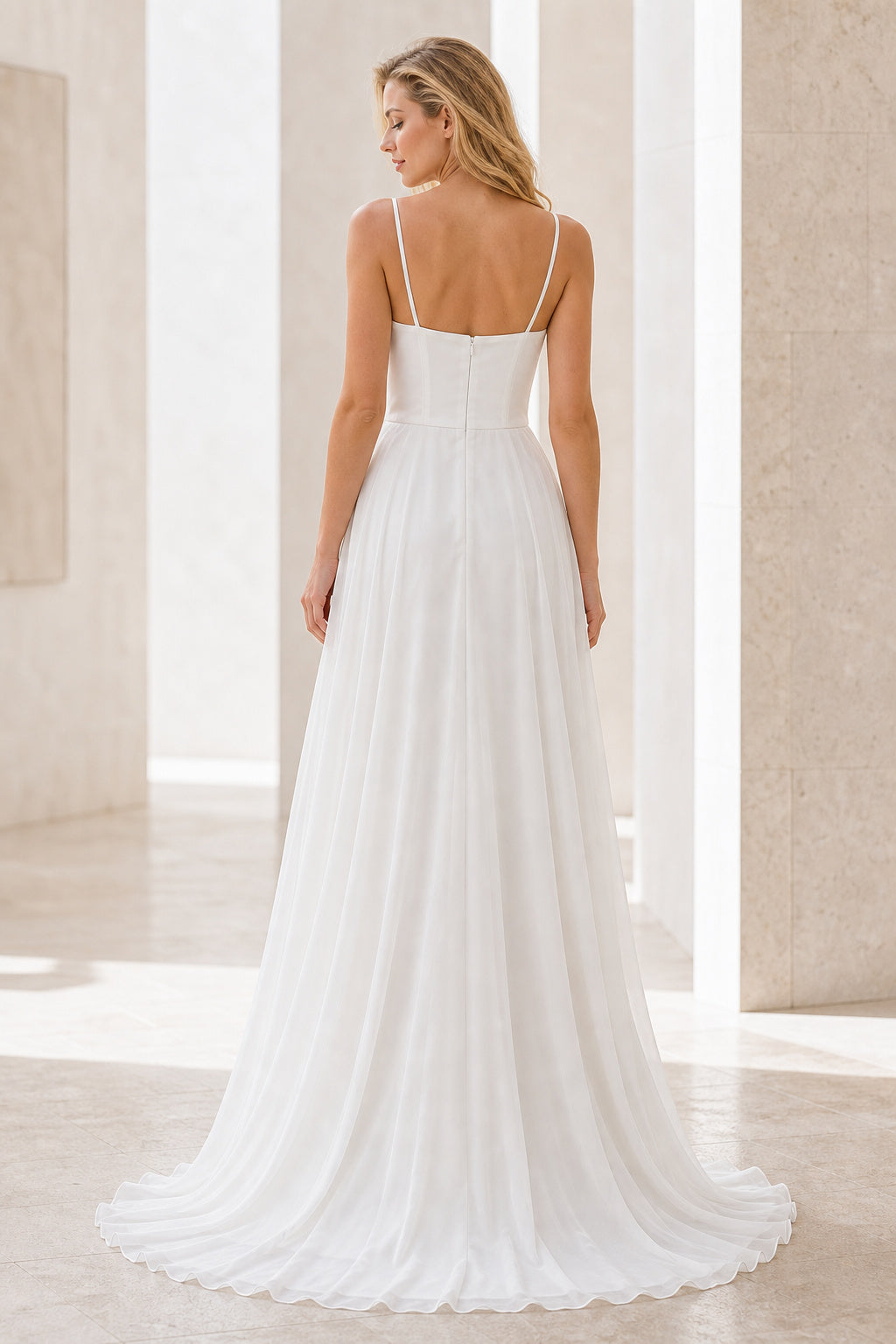 White V-neck Flutter Sleeves Sheath Chiffon Floor-length Wedding Dress With Pleated Skirt and Layered Skirt and Open Back