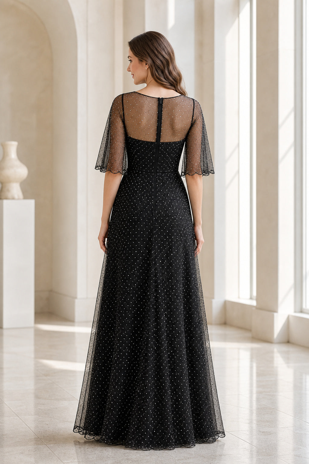 Black Bateau Short Sleeve A-Line Tulle Floor-Length Dress With Sheer Overlay
