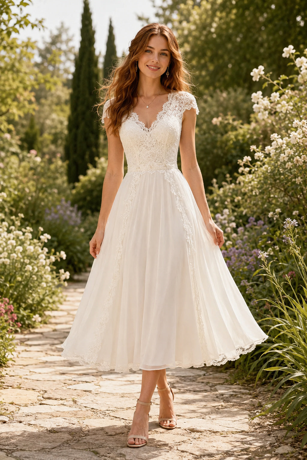 Ivory Cap Sleeve V-Neck Lace Tulle Tea Length Wedding Dress for Wedding Reception and Party Style MG_701004 front view