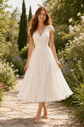 Ivory Cap Sleeve V-Neck Lace Tulle Tea Length Wedding Dress for Wedding Reception and Party Style MG_701004 front view