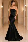 Black Strapless Black Satin Mermaid Gown with Lace Up Back Floor Length And Sweep/Brush Train Mermaid Trumpet Prom Dress fron