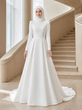 Modest Muslim Long Sleeve High Neck Mikado Ball Gown Wedding Dress front view