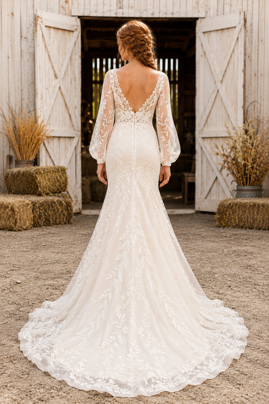 Long Sleeve V-Neck Mermaid Wedding Dress with Lace Overlay and Sweep Train for Rustic Garden Ceremony back view