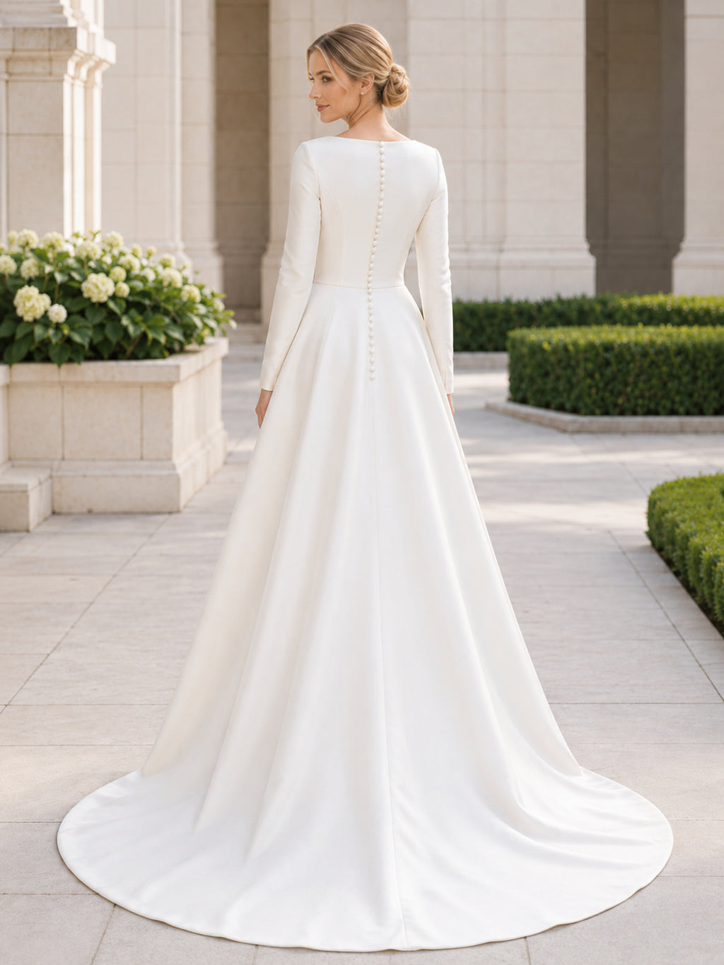 Modest LDS Bateau Long Sleeve Satin A-Line Button Back Chapel Wedding Dress back view