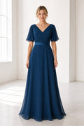 Navy V-neck Flutter Sleeve A-Line Chiffon Floor-Length Dress With Ruched Waist