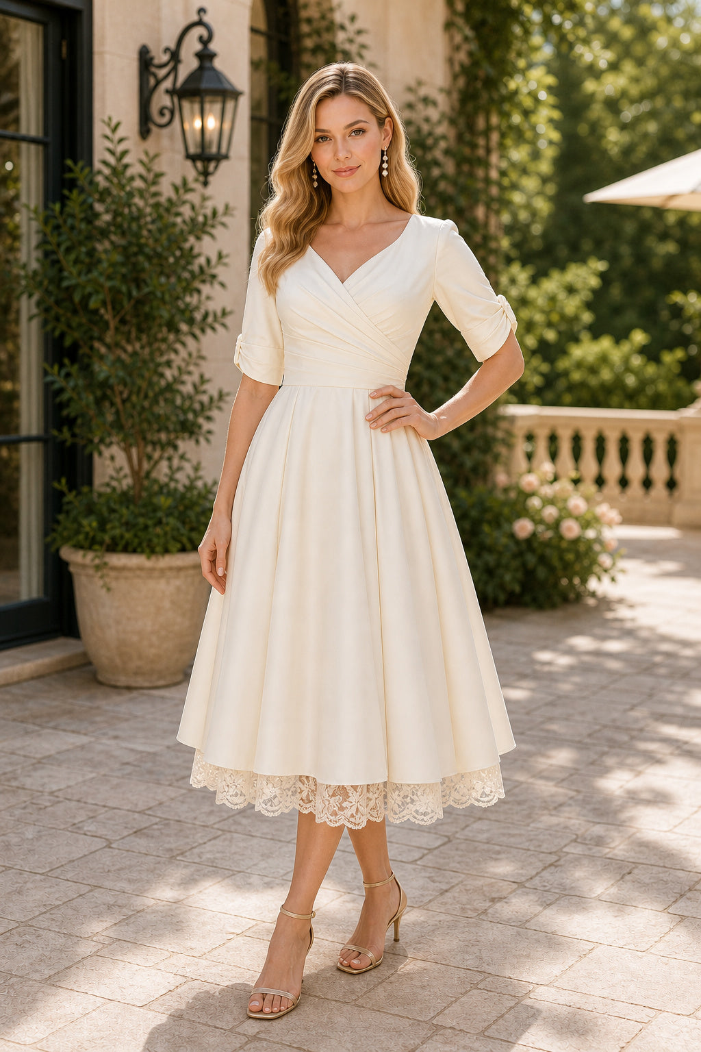 Ivory V-neck Half Sleeves Mermaid Satin, Lace Tea-length Dress With Lace Hem