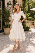 Ivory V-neck Half Sleeves Mermaid Satin, Lace Tea-length Dress With Lace Hem