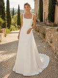Square Neck Crepe A-Line European Countryside Elopement Dress front view