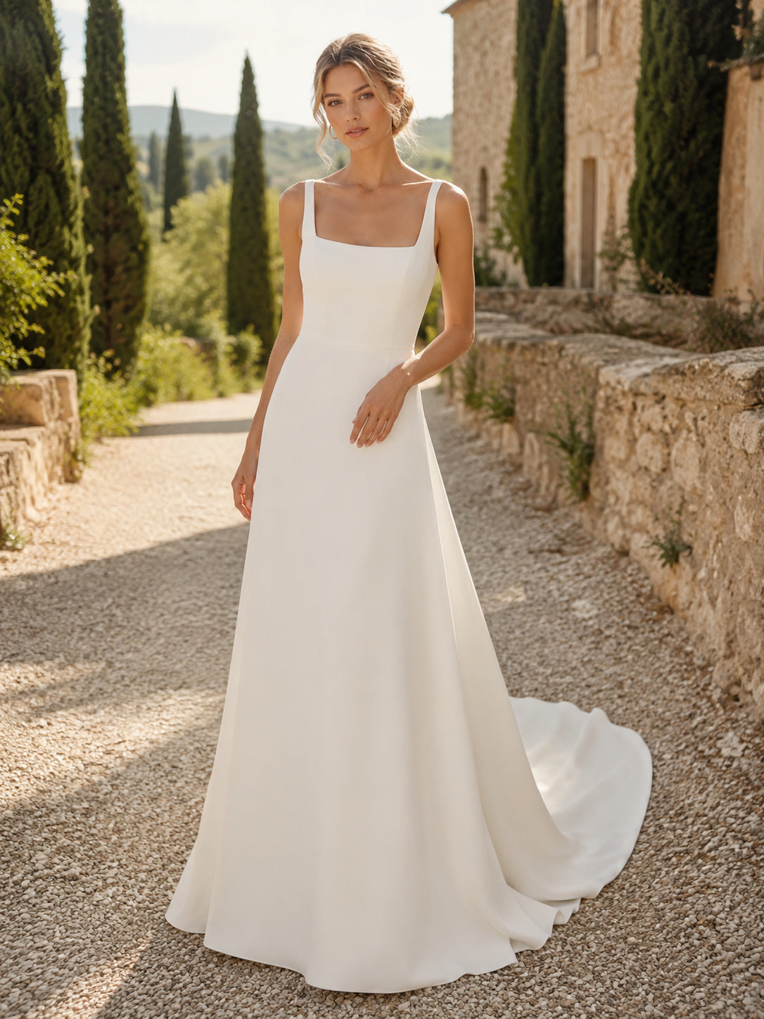 Square Neck Crepe A-Line European Countryside Elopement Dress front view