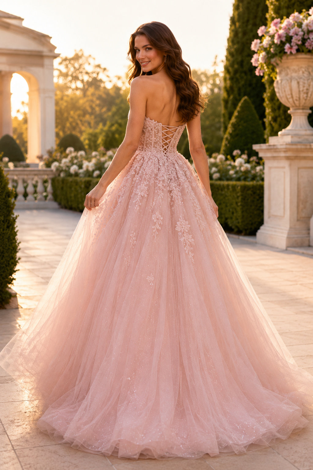 Blushing Pink Strapless Lace Applique Ball Gown with Full Tulle Skirt Floor Length And Sweep/Brush Train Ball Gown Prom Dress