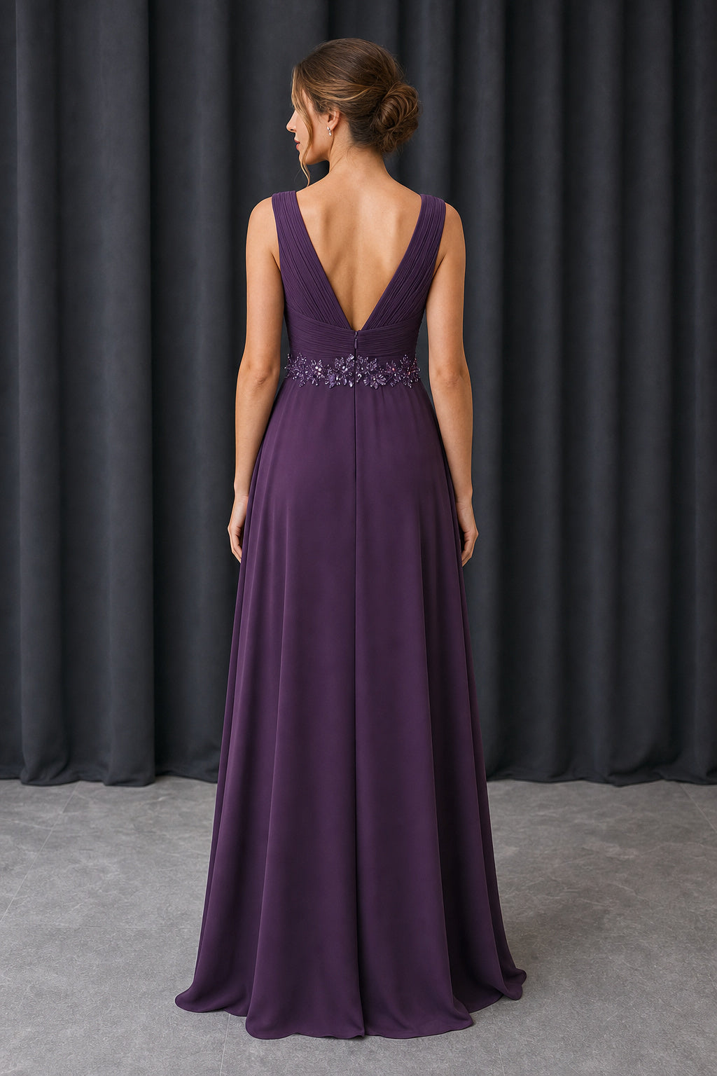Purple V-neck Sleeveless A-Line Chiffon Floor-Length Dress With Beaded Waist