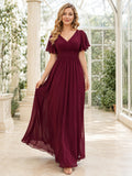Burgundy Flutter Sleeve V Neck Modest Chiffon Evening Gown front view