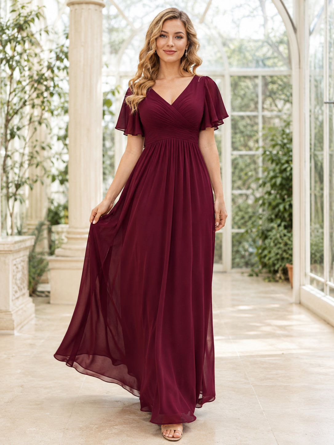 Burgundy Flutter Sleeve V Neck Modest Chiffon Evening Gown front view