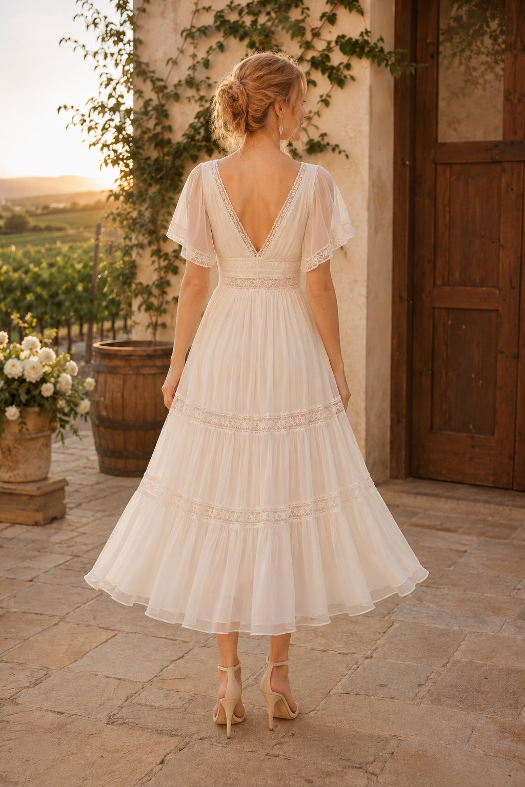 Ivory V-Neck Flutter Sleeve Chiffon Tea-Length Wedding Dress with Flutter Sleeves and Tiered Chiffon Skirt back view