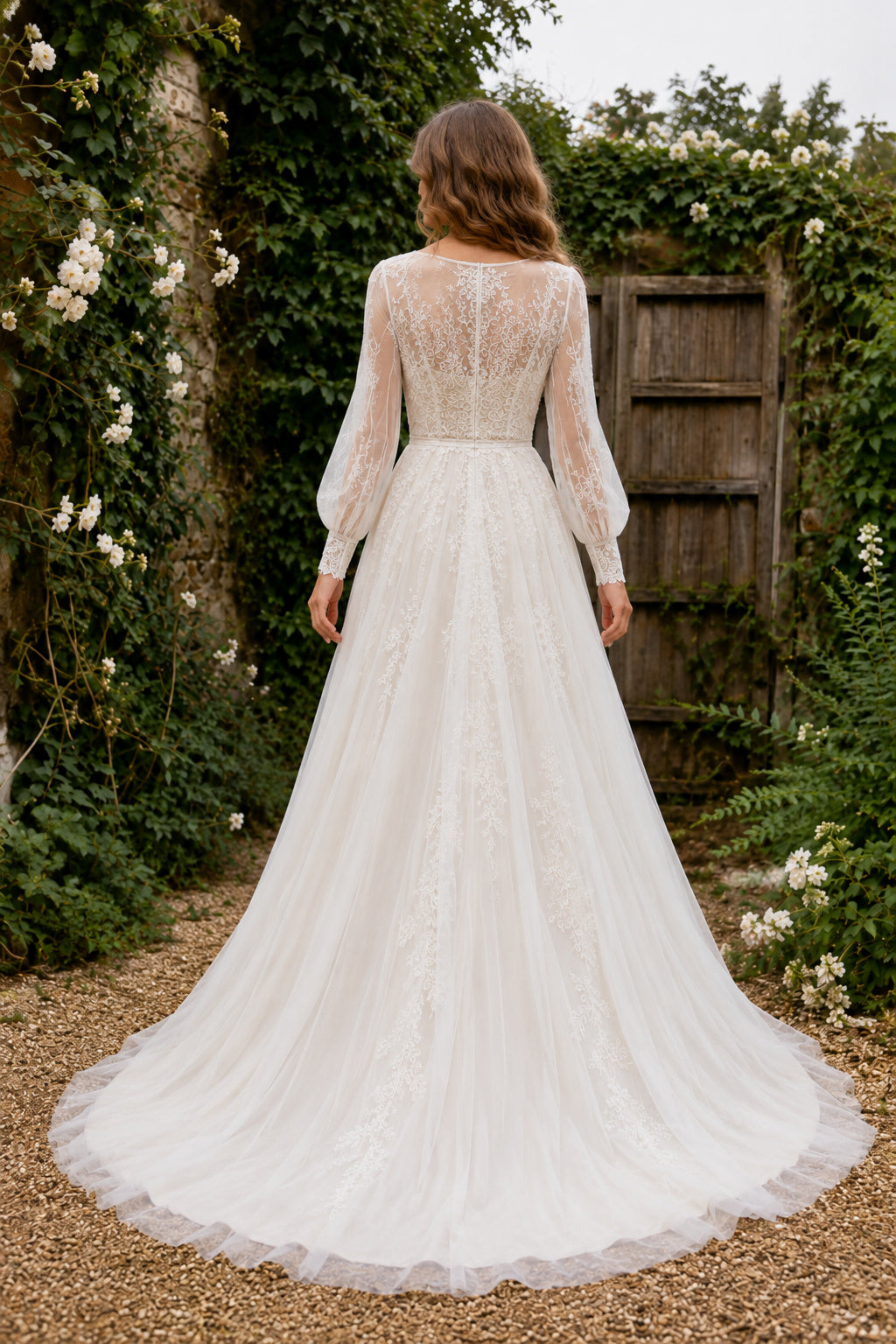 Ivory Boho V-Neck A-Line Soft Tulle Wedding Dress with Long Lace Sleeves and Chapel Train back view