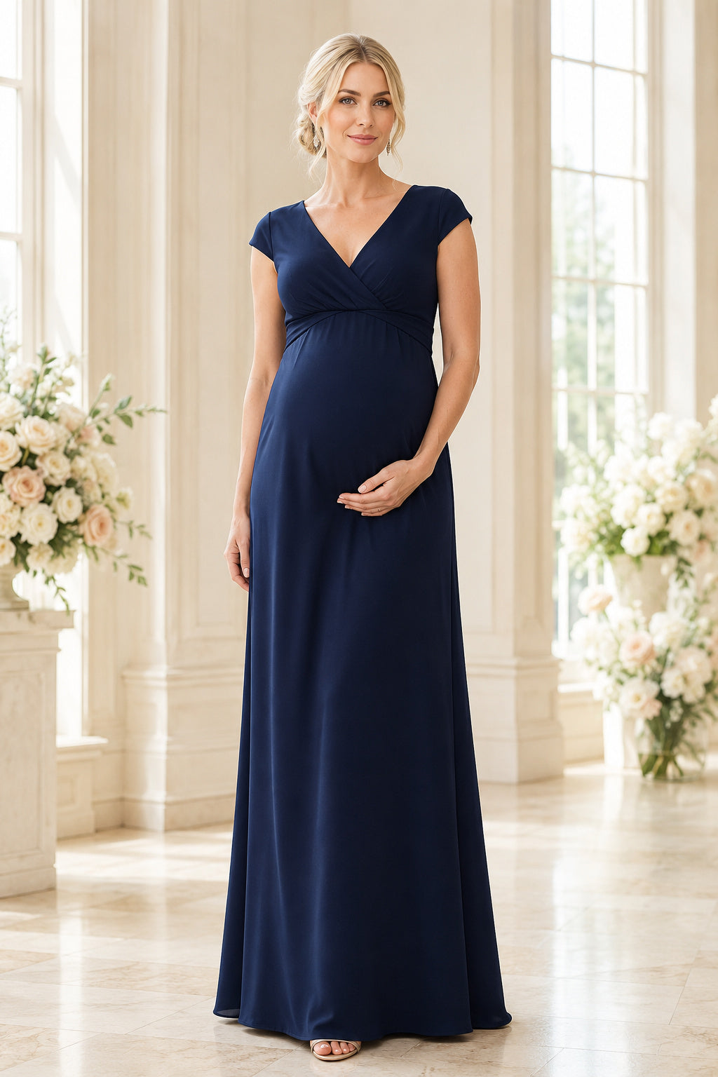 Dark Navy Maternity Wedding Guest Empire Dress front view