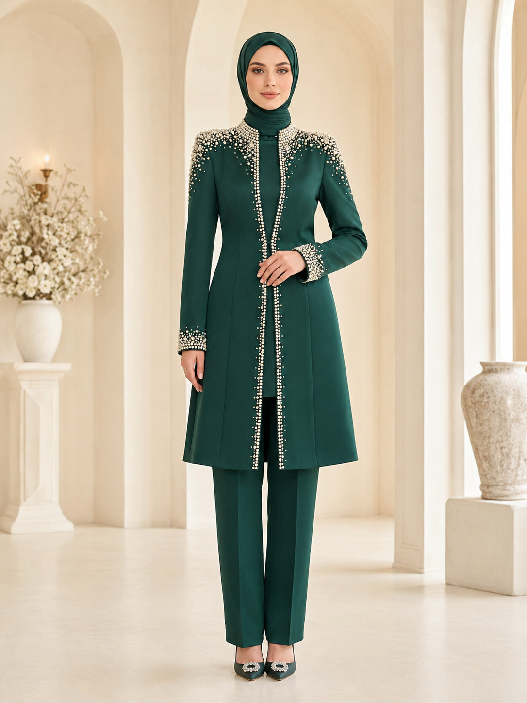 Dark Green Muslim Pearl Beaded Long Jacket Wedding Pantsuit front view