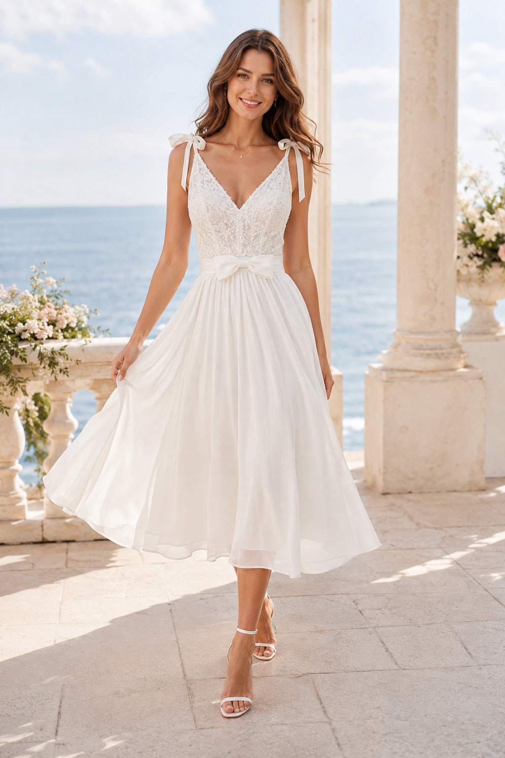Ivory Tie Strap V-Neck Sleeveless Chiffon Lace Tea-Length Wedding Dress with Tie Straps and Chiffon Midi Skirt front view