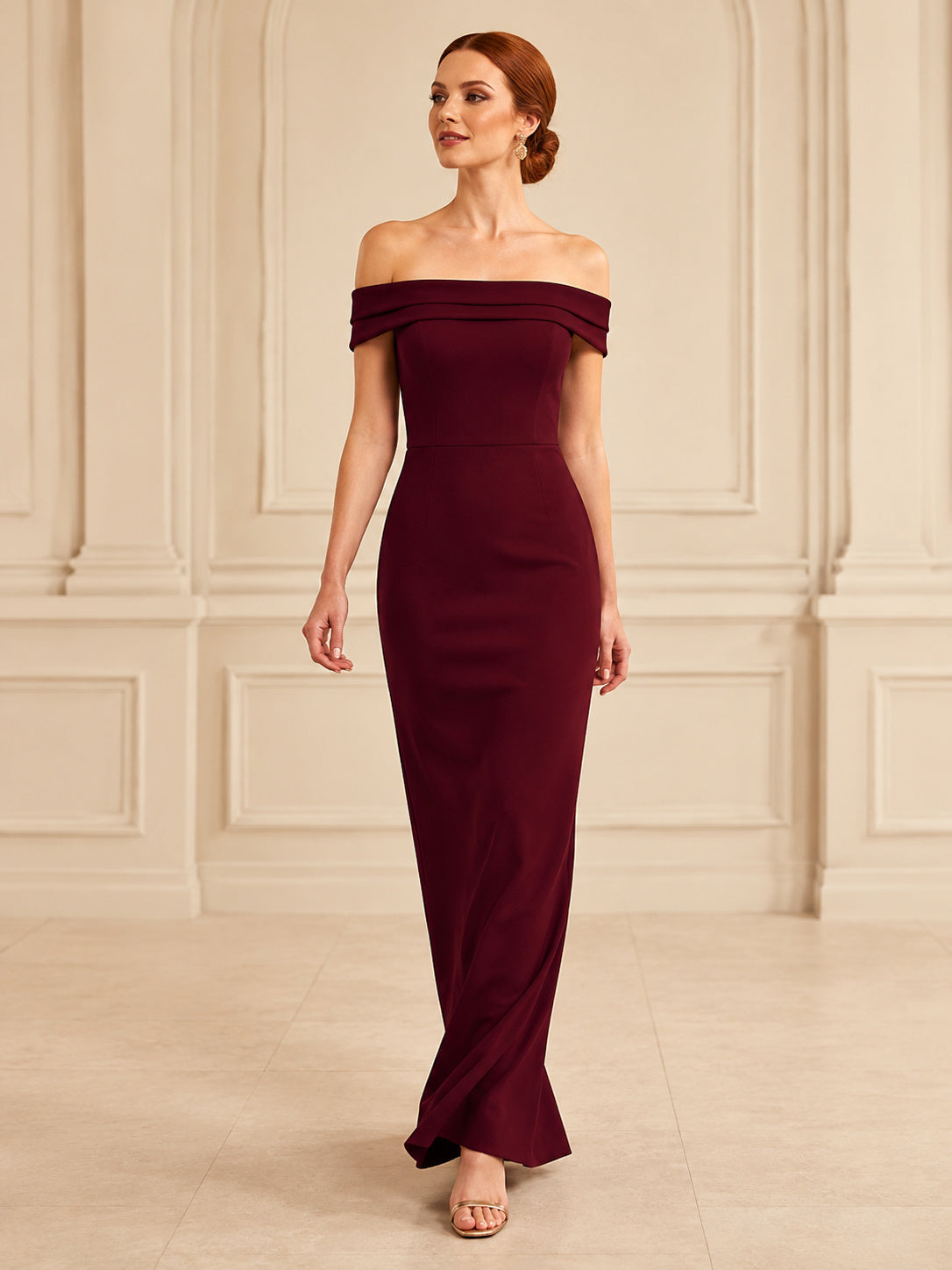 Burgundy Off-the-shoulder Column Formal Gown front view