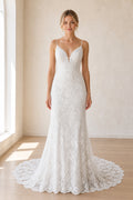 Ivory V-neck Spaghetti Strap Mermaid Lace Wedding Dress With Low Back