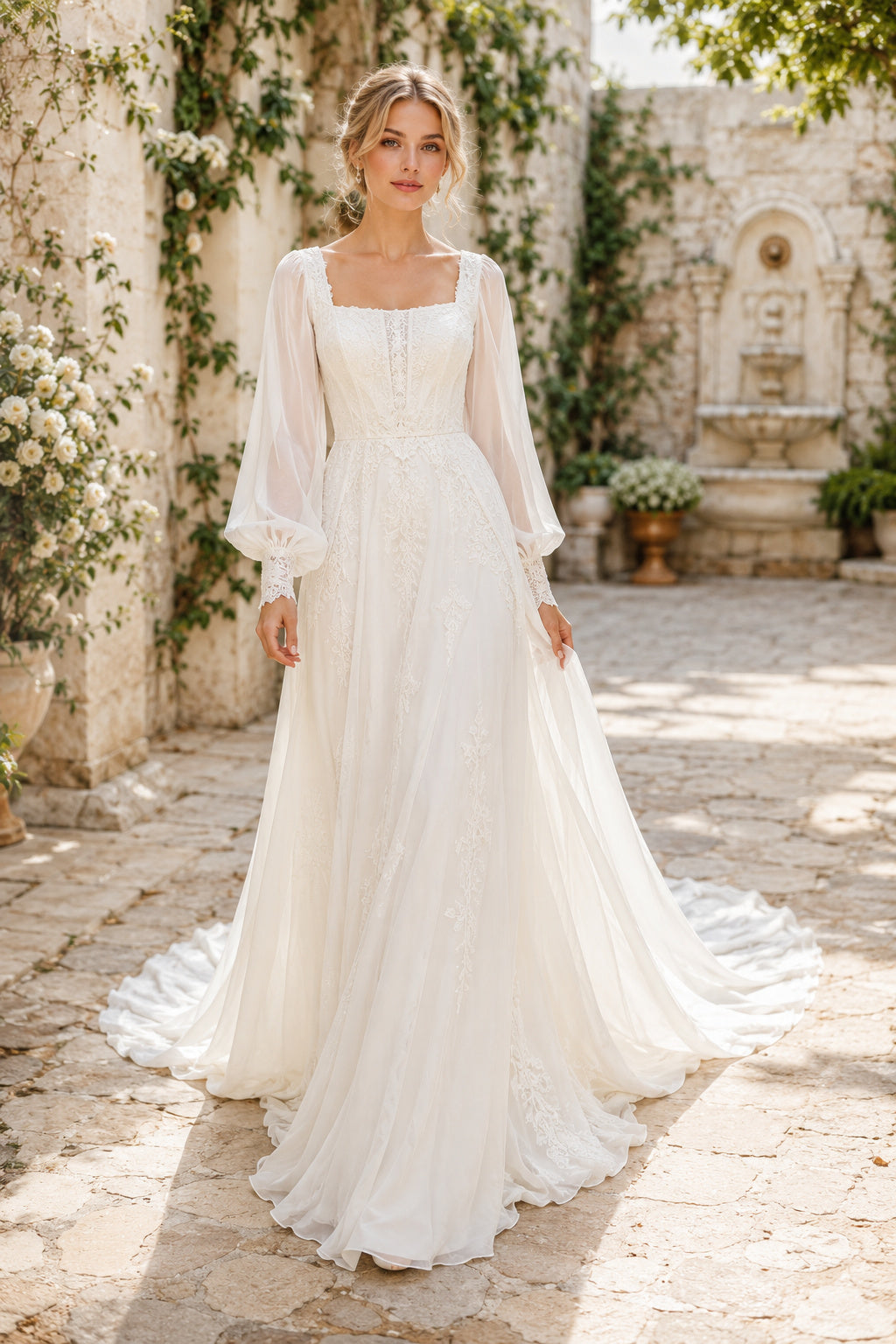 Ivory Simple Square Neck A-Line Chiffon Tulle Wedding Dress with Long Poet Sleeves and Chapel Train front view