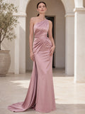Dusty Rose One Shoulder Draped Satin Sheath Court Train Wedding Dress front view
