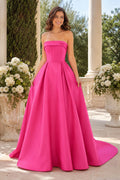 Fuchsia Strapless Satin Ball Gown with Foldover Neckline and Sweep Train front view